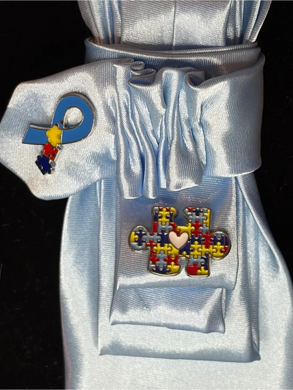 Light Blue Womens Satin Tie with Autism Awareness Pins
